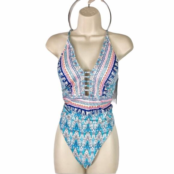 La Blanca NWT One-Piece Swimsuit Embroidered Milano Low Cut Plunge Size 14 - Picture 4 of 12